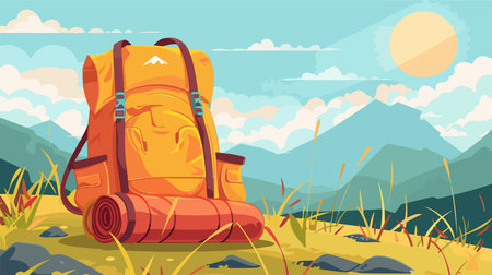 Colorful Backpack with Sleeping Mat Outdoors on a Sunny Summer Dayのイラスト素材