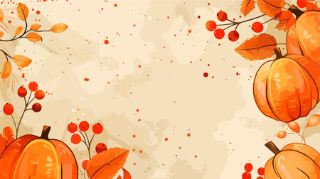 Autumn Harvest Bounty: Four Ting Pumpkins and Red Berries on a Vibrant Tabletopのイラスト素材