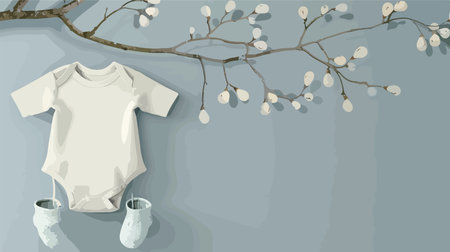 White Baby Bodysuit and Booties on a Decorative Branchのイラスト素材