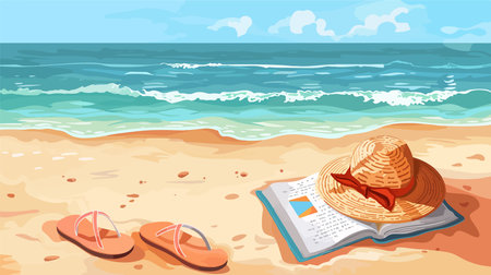 Sunny Beach Day with Reading Nook and Hatのイラスト素材