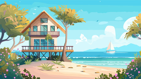 Captivating Beach House Exterior with Serene Balcony and Lush Treesのイラスト素材