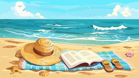 Sunny Beach Day with Reading Nook and Hatのイラスト素材