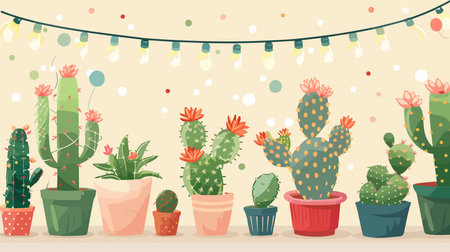 Eye-Catching Electric Garland Adorns Vibrant Cacti in Flowerpotsのイラスト素材