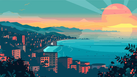 Cartoonish View of City and Ocean from High Vantage Pointのイラスト素材