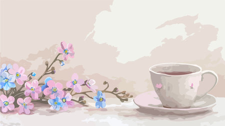 Captivating Pink Forget-Me-Nots Blooming Gracefully with Teacup on Delicate Backgroundのイラスト素材
