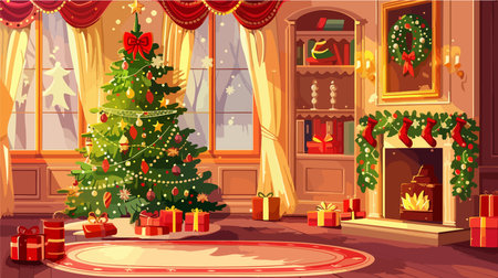 Festive Christmas Tree Adorned with Baubles and Lights in a Decorated Roomのイラスト素材