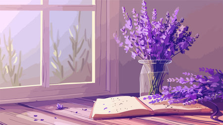Preserved Lavender Flowers and Notebook on Wooden Surfaceのイラスト素材