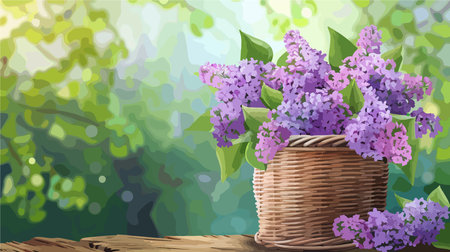 Enchanting Lilac Blooms Adorning Wicker Basket on Rustic Wooden Stumpのイラスト素材