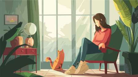 Cartoon illustration of a person and cat sharing a cozy home interiorのイラスト素材