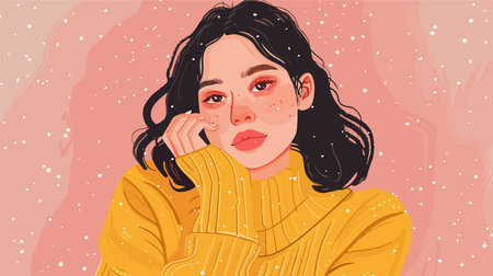 Digital Illustration of Person in Yellow Turtleneck Sweater Against Pink Snowy Backgroundのイラスト素材