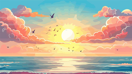 Breathtaking Summer Cartoon Seascape with Blue Sky and Bright Sun over the Azure Watersのイラスト素材