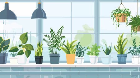 Vibrant Potted Plants Adorning a Countertop by a Windowsill in a Modern Homeのイラスト素材