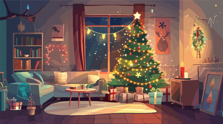 Christmas Tree Decorated with Sparkling Lights and Festive Ornamentsのイラスト素材