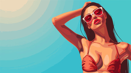 Person in red swimwear posing against a blue backdropのイラスト素材