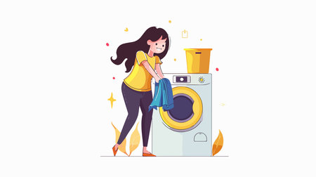 Woman Removing Laundry from Washing Machine in Modern Laundry Roomのイラスト素材