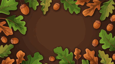 Flat Lay of Autumn Acorns and Oak Leaves on Rustic Brown Backgroundのイラスト素材