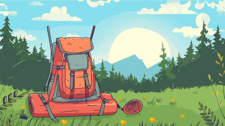 Colorful Backpack with Sleeping Mat Outdoors on a Sunny Summer Dayのイラスト素材