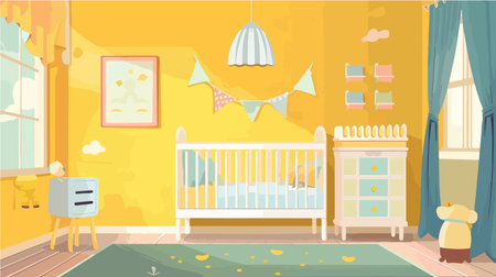 Cartoon-Styled Baby Room Interior with Crib against a Colorful Wallのイラスト素材