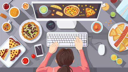 Unhealthy Eating Habits: Person Working on Computer Consumes Junk Foodのイラスト素材