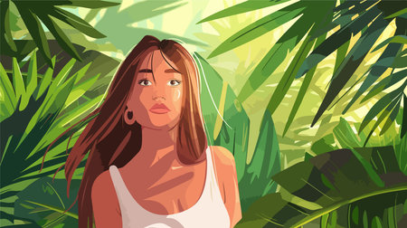 Serene Scene in a Lush Green Tropical Parkのイラスト素材