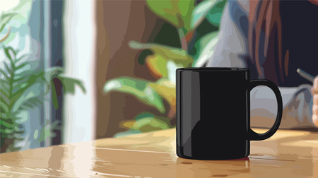 Black Ceramic Mug at Wooden Tabletop Workspaceのイラスト素材