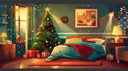 Cheerful Bedroom Adorned with Festive Christmas Tree and Decorのイラスト素材
