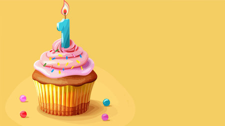 Birthday Cake with Number-Three Candle and Colorful Sprinkles on Yellow Backgroundのイラスト素材