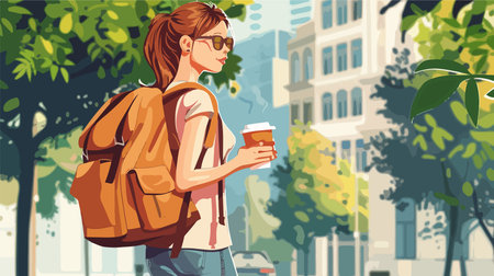 Person with Backpack Enjoying Coffee in Urban Setting