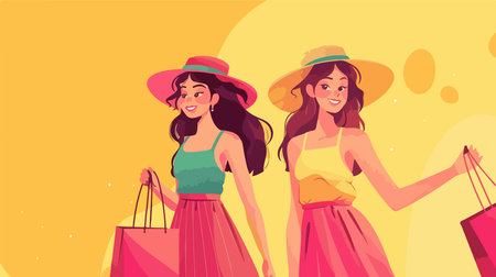 Young Women with Paper Shopping Bags Enjoying a Summer City Strollのイラスト素材