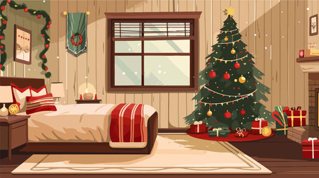 Cheerful Bedroom Adorned with Festive Christmas Tree and Decorのイラスト素材