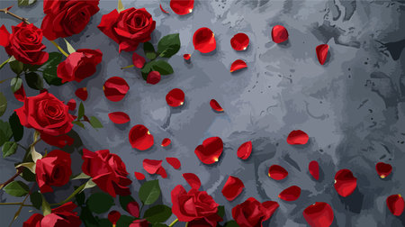 Blank Greeting Card Adorned with Enchanting Red Roses and Petals on a Subtle Grey Backgroundのイラスト素材