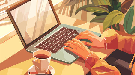 Cartoon of a Blogger Working on a Laptop at a Tableのイラスト素材