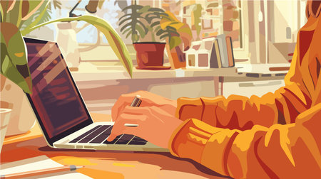 Cartoon of a Blogger Working on a Laptop at a Tableのイラスト素材