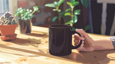 Black Ceramic Mug at Wooden Tabletop Workspaceのイラスト素材