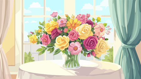 Enchanting Bouquet on the Serene White Table in a Tranquil Bedroomのイラスト素材