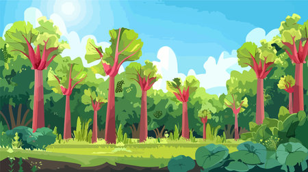 Cartoon Depiction of Towering Brazilian Giant Rhubarb Plants in the Midst of a Parkのイラスト素材