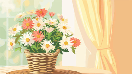Vibrant Chrysanthemum Bouquet Adorned in a Wicker Basketのイラスト素材