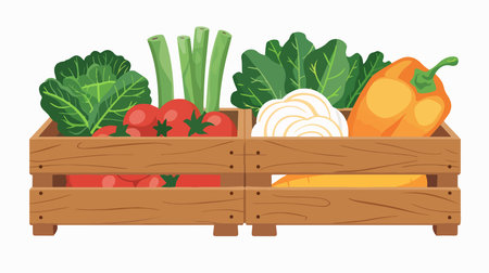 Vibrant Assortment of Fresh Vegetables in a Wooden Crate on a White Backgroundのイラスト素材