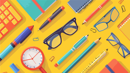 Vibrant Stationery Essentials on a Cheerful Yellow Backdropのイラスト素材