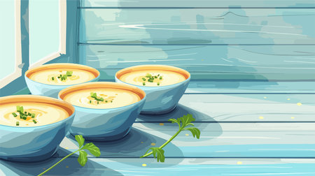 Delectable Bowls of Creamy Parsnip Soup on Light Blue Backgroundのイラスト素材