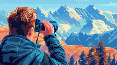 Young Explorer Marvels at Majestic Mountain Vista through Binocularsのイラスト素材