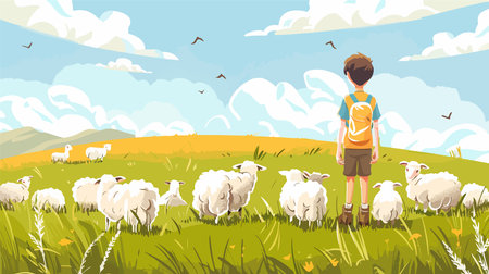 Cartoon Boy with Sheep on a Picturesque Farm Pastureのイラスト素材