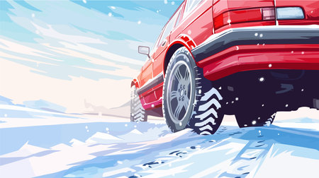 Close-up Shot of a Car with Winter Tires Driving on a Snowy Roadのイラスト素材