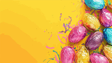 Colorful Chocolate Eggs Shimmering in Vibrant Foil on Yellow Background