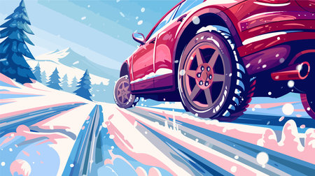 Close-up Shot of a Car with Winter Tires Driving on a Snowy Roadのイラスト素材