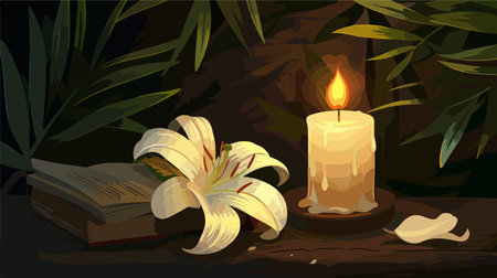 Illuminated Serenity: Candlelit Book and Lily on Darkness-Engulfed Tableのイラスト素材
