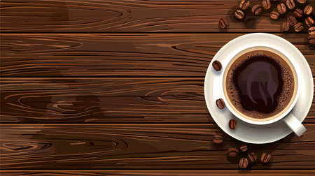 White Ceramic Cup of Hot Aromatic Coffee on Wooden Backgroundのイラスト素材