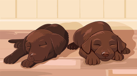 Adorable Chocolate Labrador Retriever Puppies Napping on a Cozy Floorのイラスト素材