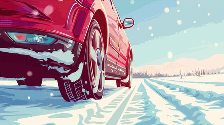 Close-up Shot of a Car with Winter Tires Driving on a Snowy Roadのイラスト素材