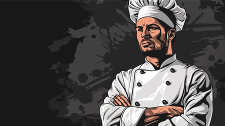 Professional Chef in Uniform Standing Confidently on Black Backgroundのイラスト素材